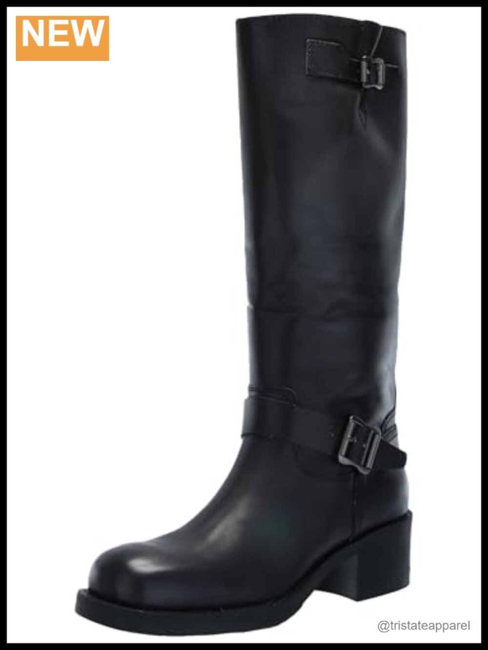 Women's Leather Knee High Harness Boots Square Toe Block Heel Pull On